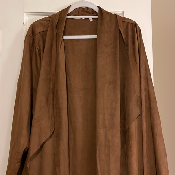 Soft Surroundings Faux Suede Tan Camel Open Waterfall Cardigan Blazer - Picture 2 of 8